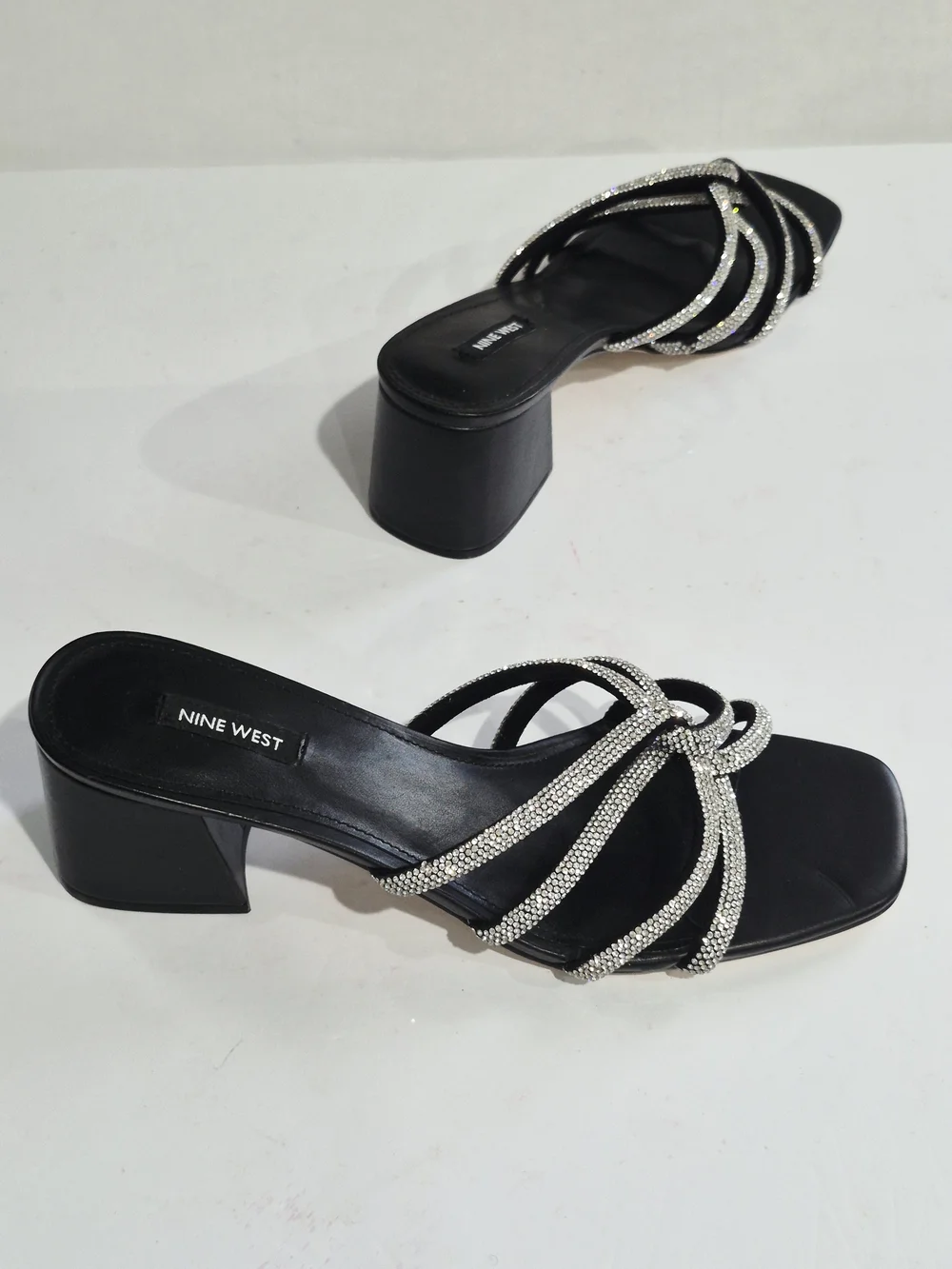 Nine West Black Heeled Slide Sandals with Silver Crystal Straps Size 12